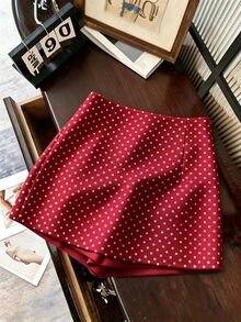 SHEIN Franclia 時尚休閒通勤百搭丹寧效果印花紋理柔軟面料高腰開衩女款短褲/裙/寬腿褲/熱褲 - 酒紅色 - 查看 2