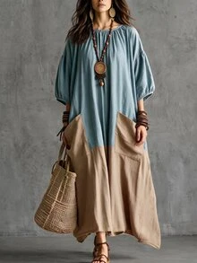 Wandoria Vintage Distressed Washed Denim & Linen Patchwork Loose Fit Dress, Round Neck With Gathered Detail, Lantern 3/4 Sleeves, Dual Side Pockets, Asymmetrical Hem, Casual Vacation Style - Multicolor - View 4