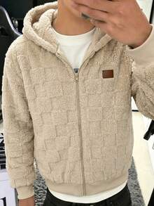 SHEIN 青少年男孩休閒格紋毛絨連帽夾克，附裝飾補丁，適合秋冬返校季 - 杏色 - 查看 1