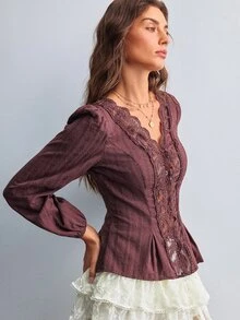 Willow Rêve Women's Brown Jacquard Woven Fabric Contrast Lace Trim Puff Long Sleeve Blouse - Brown - View 6