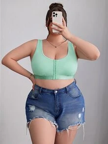 SHEIN CURVE+ 大尺碼簡約純色前扣式內衣背心，Curve Plus，Hoho Vacation - 薄荷綠 - 查看 3