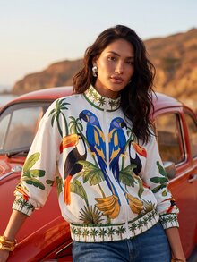 CAJUNI Women's Bird Print Casual Everyday Long Sleeve Jacket - Multicolor - View 3