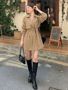 DAZY 商務休閒純色女款風衣外套 - 卡其色 - 查看 4