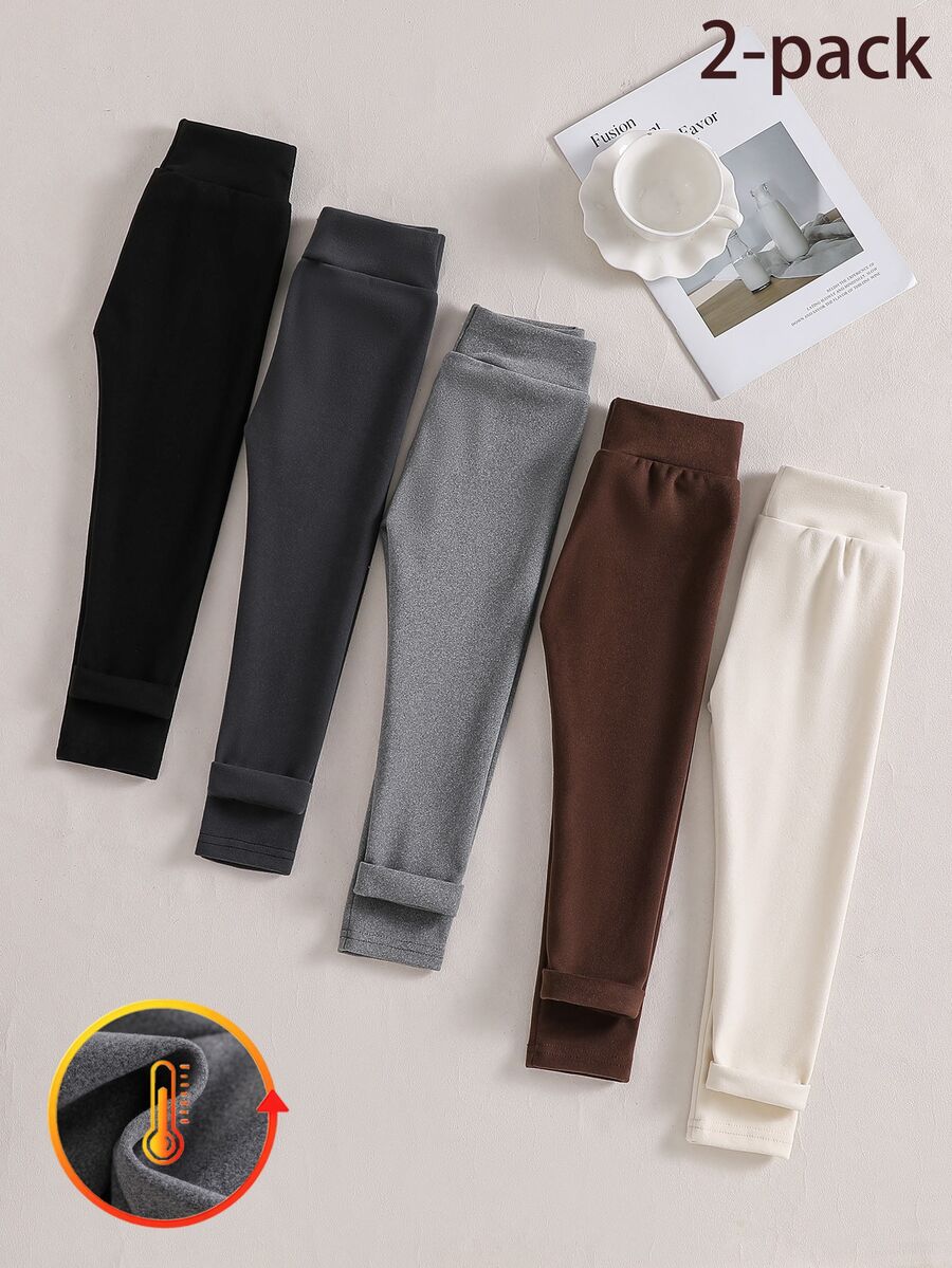 SHEIN 女童內搭褲,秋冬款,刷毛內裡底層褲,適合日常休閒穿著,極簡風格,隨機配色(5件/2件) - 彩色 - 查看 1