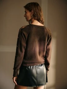 MOTF PREMIUM WOMEN'S AUTUMN/WINTER FASHION COFFEE COLOR GOLD BUTTON HOLLOW SLEEVE SWEATER - Brown - View 3