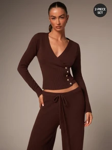 Athîral Women's Deep V-Neck Fitted Top And Solid Color Long Pants 2 Pieces Set - Multicolor - View 3