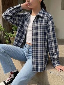 Dazy Kids 格紋長袖休閒寬鬆日常春秋女童襯衫 - 藏蓝色 - 查看 5