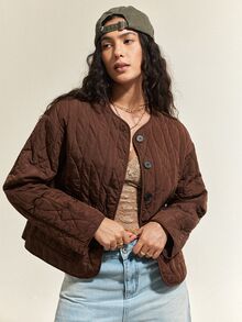 SoleilVie Jaket Komuter Lengan Panjang Kancing Saku Bergaya Vintage Prancis - Coklat - View 1