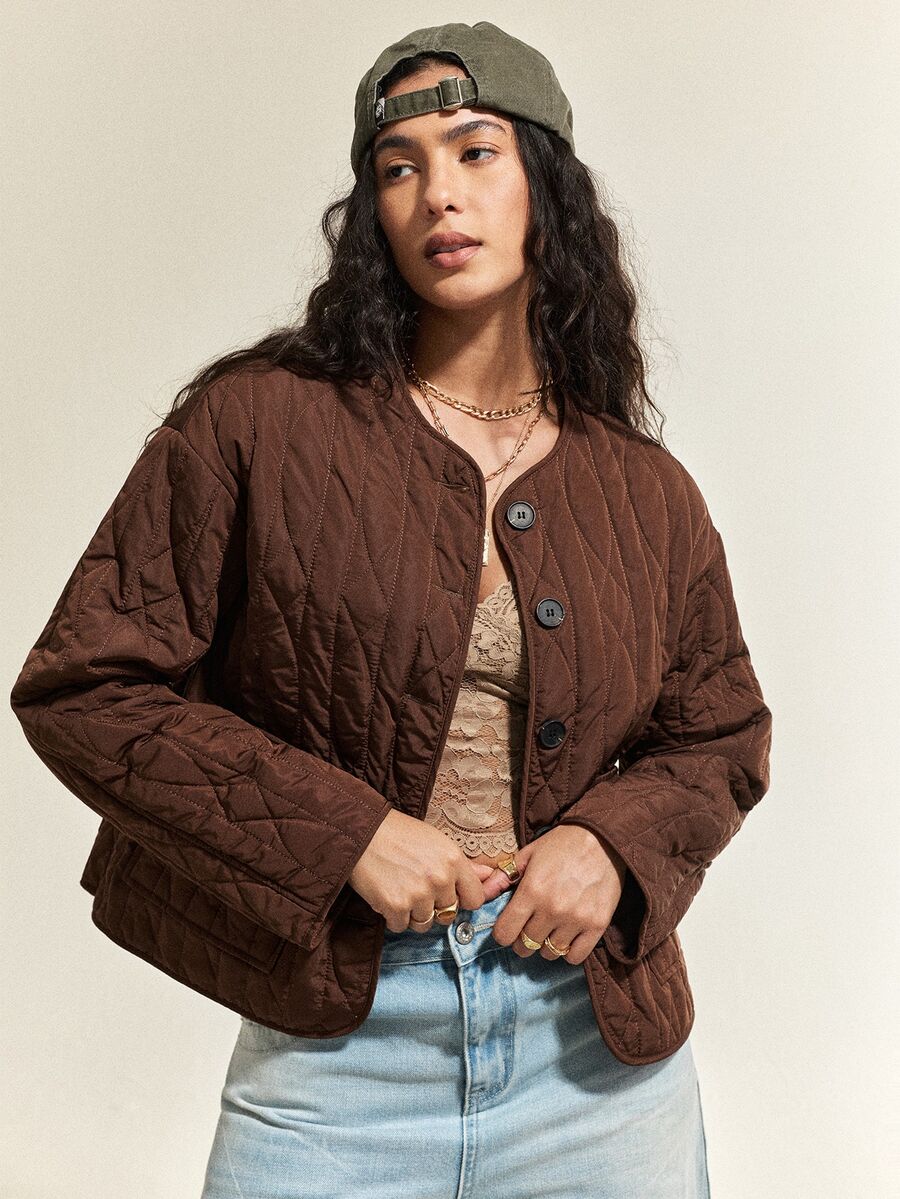 SoleilVie Jaket Komuter Lengan Panjang Kancing Saku Bergaya Vintage Prancis - Coklat - View 1