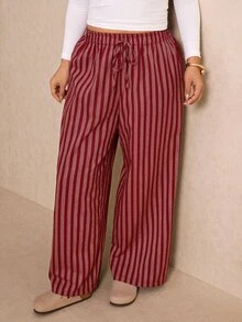Elaquor Plus Size Minimalist Drawstring Waist Striped Loose Pants - Red - View 1