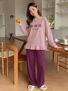 DAZY 女款極簡星星印花寬鬆短袖上衣與長褲兩件式居家服套裝 - 紫色 - 查看 3
