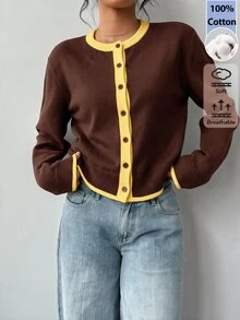 SHEIN BASICS 女款時尚對比色鈕扣針織薄款開襟衫 - 咖啡棕 - 查看 4