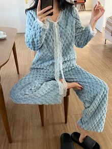 DAZY Women's Comfortable Lace Patchwork Long Sleeve Top And Soft Knit Long Pants Pajama Set - Blue - View 8