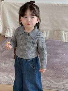 DAZY Baby Girl Button Half-Placket Embroidered Long Sleeve Sweater - Grey - View 2