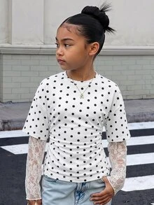 SHEIN 青少年女孩波點印花對比蕾絲二合一T恤 - 彩色 - 查看 4