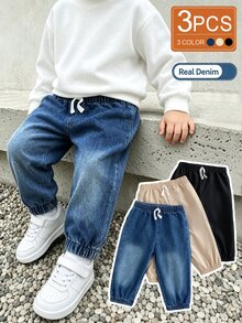 SHEIN 3件組幼兒男童牛仔慢跑褲 學院風 藍色 米色 黑色 抽繩彈性腰 束口褲腳 常規款 假日 秋季 冬季 素色 - 彩色 - 查看 3