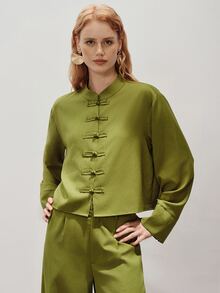 Aveloria Modichic New Chinese Style Frog Button Minimalist Elegant Relaxed Long Sleeve Wide Leg Pants 2 Pieces Set - Olive Green - View 4