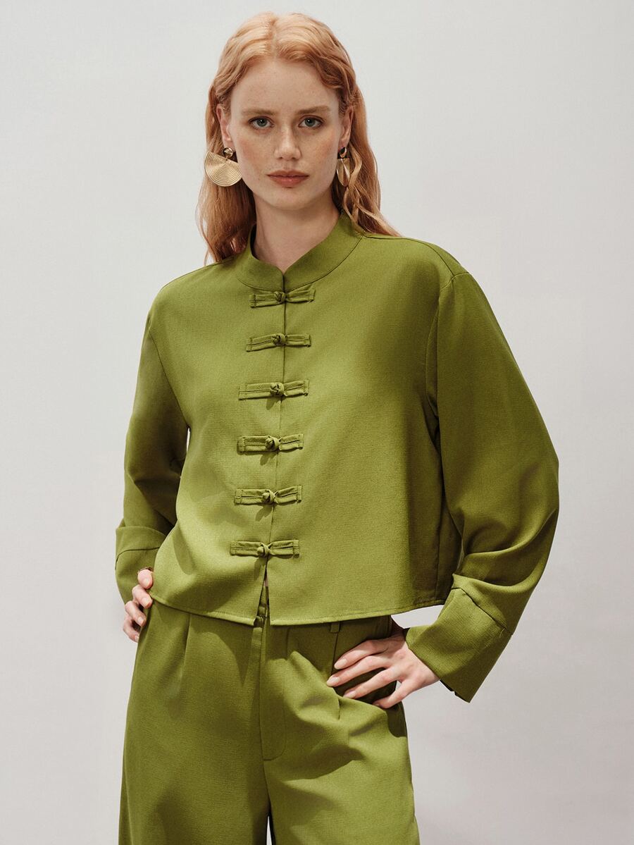 Aveloria Modichic New Chinese Style Frog Button Minimalist Elegant Relaxed Long Sleeve Wide Leg Pants 2 Pieces Set - Olive Green - View 1