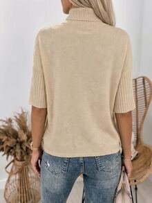 SHEIN ملابس علوية نسائية محبوكة بياقة عالية أنيقة للربيع والخريف، بأكمام كوع وأساور مضلعة، بقصة فضفاضة وحافة مستقيمة - لون مشمشي - مشاهدة 2