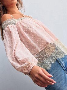 Willow Rêve Women's Chiffon Cut-Out Contrast Lace Long Sleeve Pink Camisole Top - Pink - View 4