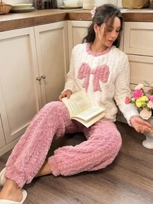 Snug Reverie Sweet Women's New Winter Thickened Fleece Cute Pajama Set - Pink - View 1
