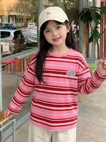 DAZY (少女款) 長袖條紋寬鬆基本款秋冬疊穿T恤 - 粉色 - 查看 6