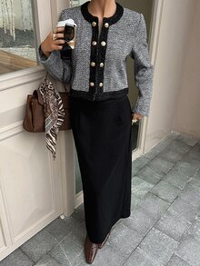 DAZY Women's 2 Pieces Set: Grey Plaid Metal Button Decorated Short Wool Blazer Jacket And Bodycon Skirt, Elegant Commuter Office Wedding Casual Autumn/Winter - Black - View 2