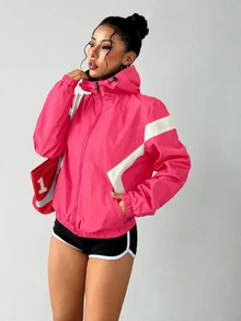 Exploreva Exploreva Women's Striped Colorblock Zip-Up Hooded Sports Jacket - Watermelon Pink - View 8