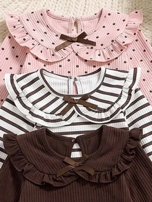Infant Toddler Ribbed Ruffle Peter Pan Collar Long Sleeve T-Shirt And Flare Pants 2 Pieces Set, Polka Dot Print, Ribbed Print, Brown Solid Color Ribbed, Soft Fabric, Bowknot Accent Comfortable Casual Outfit, Suitable For Spring, Autumn And Winter - Multicolor - View 3