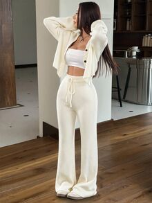 SHEIN EZwear 2件組女款休閒純色寬肩帶開襟衫與抽繩腰寬腿褲套裝，秋季/旅行黑色 - 杏色 - 查看 5