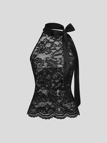 Sweetra Women's Sexy Lace Hollow Out Tie Strap Halter Top - Black - View 1