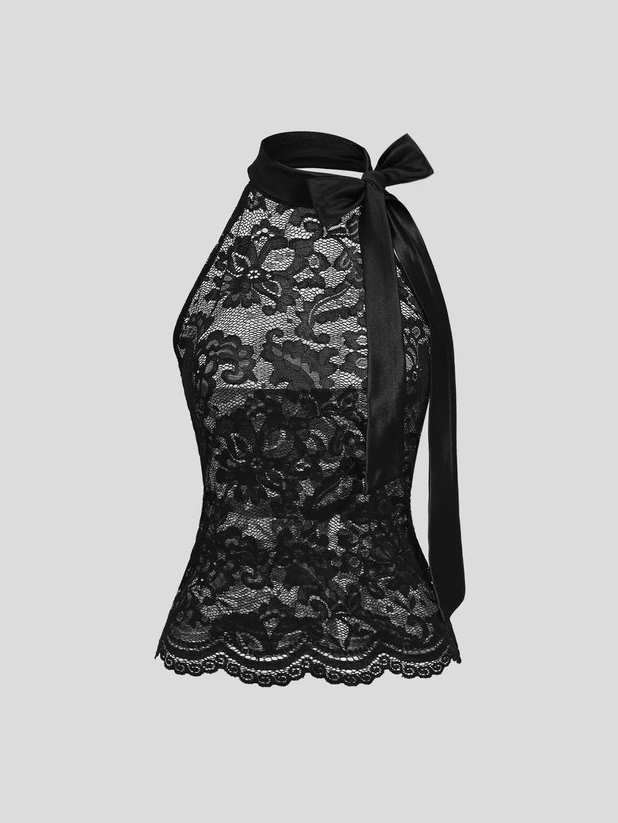 Sweetra Women's Sexy Lace Hollow Out Tie Strap Halter Top - Black - View 1