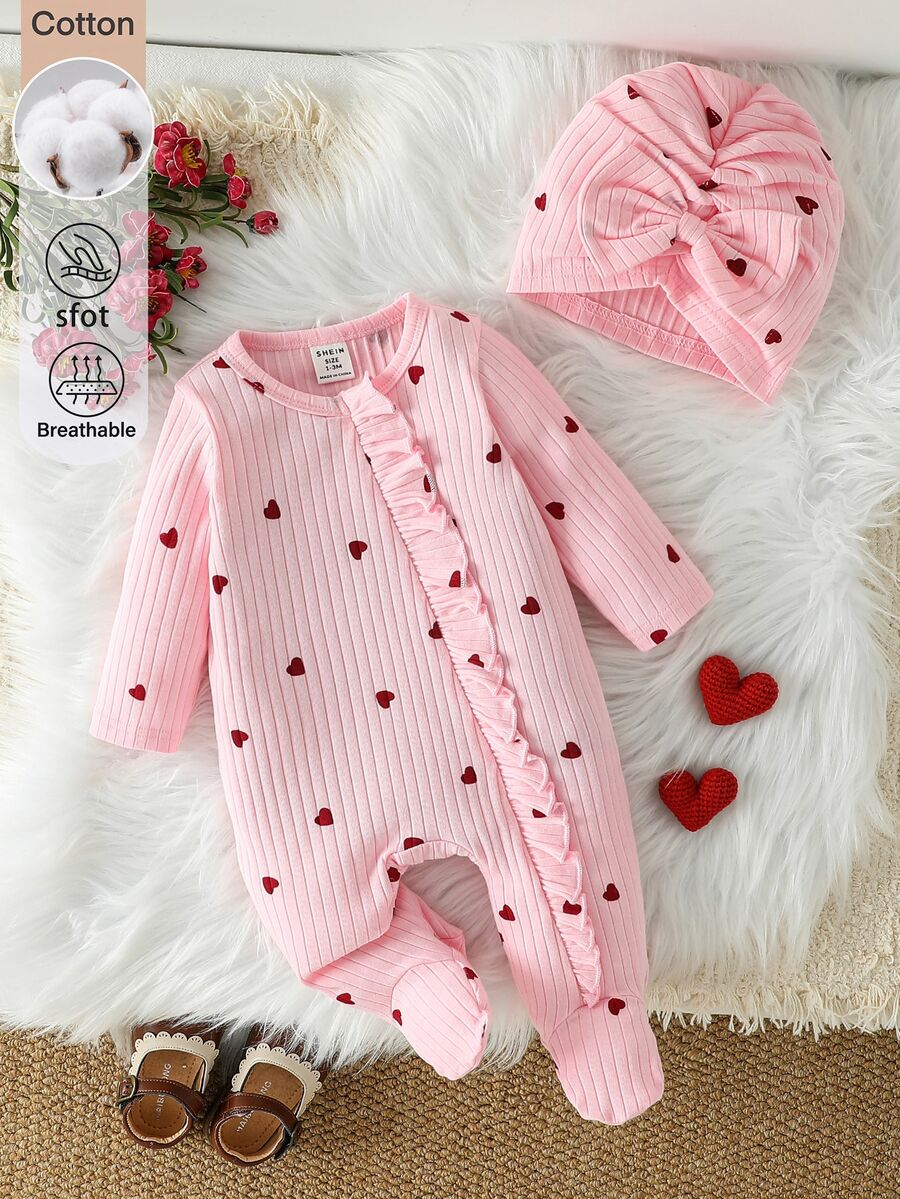 SHEIN Set 2 Potong Pakaian Bayi Perempuan Motif Hati, Romper Lengan Panjang Bergaris dengan Penutup Kaki & Topi Pita untuk Bayi Baru Lahir Usia 0-12 Bulan
