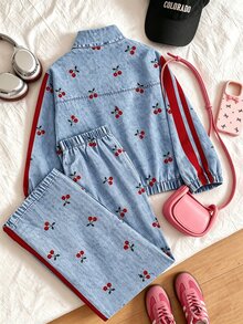 SHEIN 青少年女孩秋冬櫻桃仿牛仔印花拉鍊運動夾克與寬腿長褲2件套 - 藍色 - 查看 2