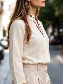 Linhara CURVE Plus Size Women's Spring/Autumn Apricot V-Neck Printed Blouse, Vintage Casual Style, Suitable For Outings, Daily Wear And Vacation - Apricot - View 4