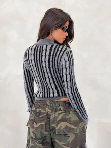 BAD SUNDAY Women's Long Sleeve Black & Grey Retro Cardigan Sweater, Y2K Millennium Style, Autumn/Winter - Grey - View 2