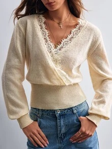 Willow Rêve Women's Blue V-Neck Patchwork Embroidered Trim Loose Sweater - Apricot - View 1