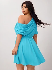 Enliva 大尺碼女款休閒通勤純色不對稱領口收腰傘裙洋裝，夏季棕色優雅洋裝，巧克力棕色洋裝，咖啡棕色洋裝，棕色婚禮賓客洋裝，春季女裝 - 薄荷藍 - 查看 2