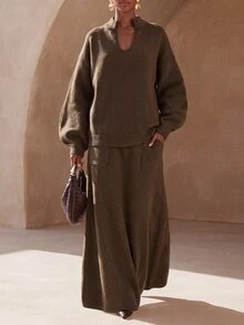 Zivah 女款棕色針織毛衣套裝，寬鬆版型立領長袖上衣搭配 A 字口袋裙 - 咖啡棕 - 查看 3
