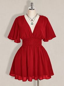 SHEIN ICON 大尺碼荷葉袖V領收腰A字洋裝，適合海灘度假、波希米亞風、嬉皮風、Y2K，適用夏季、夏季假期、情人節、優雅約會洋裝 - 紅色 - 查看 6