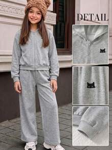 SHEIN Genkimix Kids 女童貓咪圖案拉鍊連帽外套與寬腿運動長褲2件套，休閒寬鬆運動休閒服 - 灰色 - 查看 5