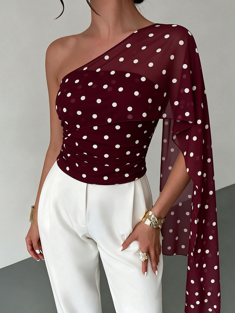 Firerie Women's Polka Dot Asymmetrical Neckline Top - Burgundy - View 4