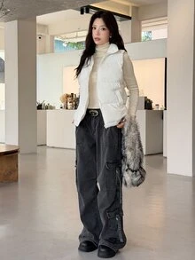 K-Vae Women's Autumn/Winter Stand Collar Zipper Sleeveless Padded Vest Jacket - Beige - View 9