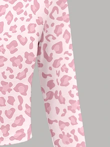 Young Girls Autumn Casual Fresh Pink Sword Pony Foundation Leopard Print Patchwork White Pattern Slim Fit Long Sleeve T-Shirt And Wide Leg Pants Set - Multicolor - View 5