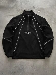 PAVTROS Men's Letter Print Zip-Up Half-Placket Casual Corduroy Jacket - Black - View 1