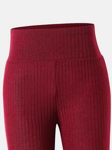 SHEIN Tween Girl Solid Color Kids Knit Beaded Asymmetrical Neckline Ruched Casual T-Shirt And Fitted Flare Winter Pants 2 Pieces Set - Multicolor - View 6