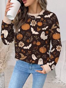 Comfylo Brown Pumpkin Maple Leaf Floral Casual Minimalist Plus Size Sweatshirt Suitable For Holiday Wear - Multicolor - View 3