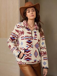 Wildy BOHO 西部風女款半拉鍊運動衫，長袖上衣，秋季休閒女裝，感恩節日常日穿米色 - 白色 - 查看 5