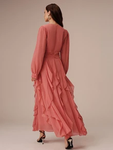BELROSIE Lightweight Vacation Style Chiffon V-Neck Ruched Waist Ruffle Hem Long Sleeve Dress For Women - Orange - View 2
