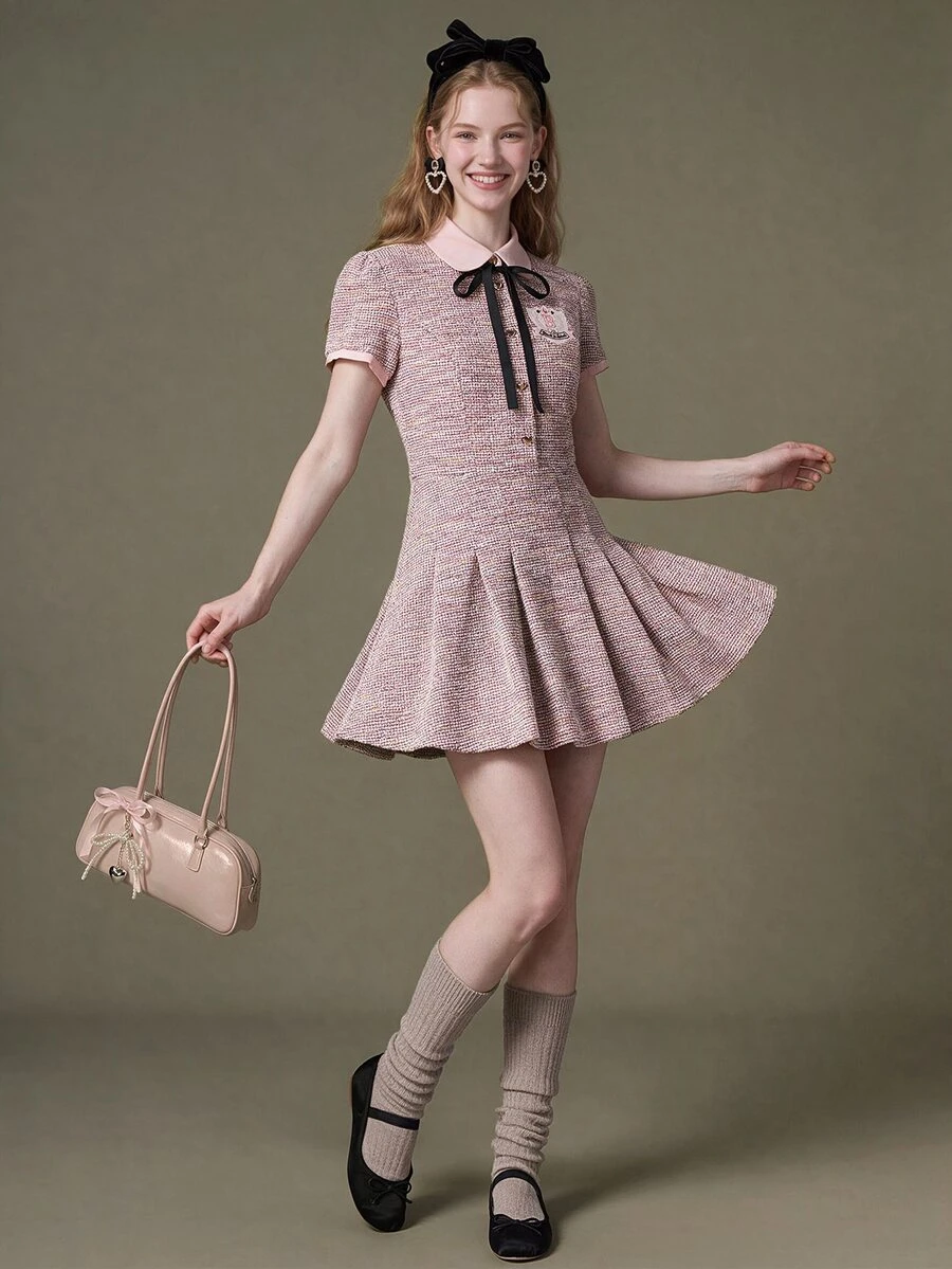 Elnivra Women's Sweet Embroidered Button Pleated Short Sleeve Dress - Pink - View 1